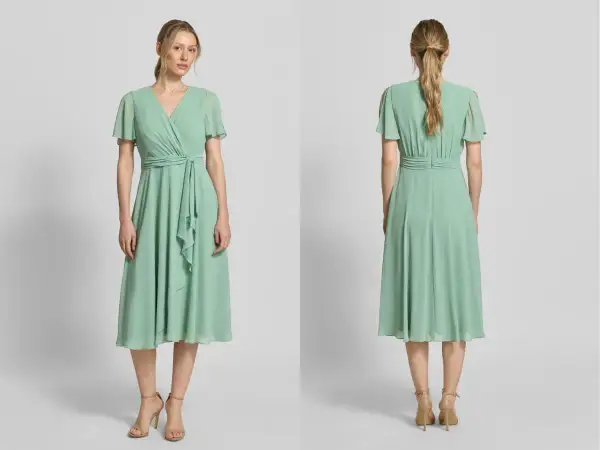 Elegancka miętowa sukienka z falbankami i wiązaniem w talii. Idealna na letnie przyjęcia. Jakie dodatki do miętowej sukienki?