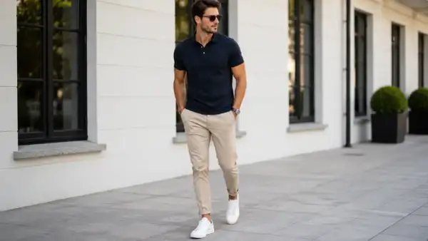 Elegancki mężczyzna w granatowym polo i beżowych chinosach, zastanawia się, jakie buty do chinosów wybrać. Białe sneakersy to strzał w dziesiątkę!