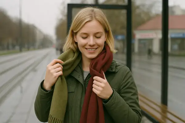 Uśmiechnięta blondynka w zielonej kurtce zastanawia się, jaki szalik do zielonej kurtki będzie najlepszy. Wybiera między oliwkowym a bordowym.