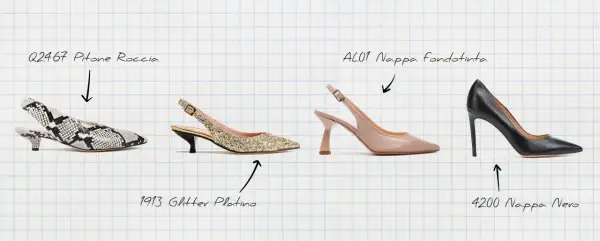 Cztery pary butów na obcasie: wężowe slingbacki, złote szpilki z brokatem, cieliste slingbacki i czarne klasyczne szpilki. Idealne, by nauczyć się, jak chodzić w szpilkach.
