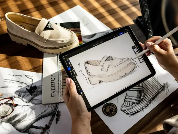 Projektantka szkicuje buty Filippo. To firma tworząca stylowe obuwie.