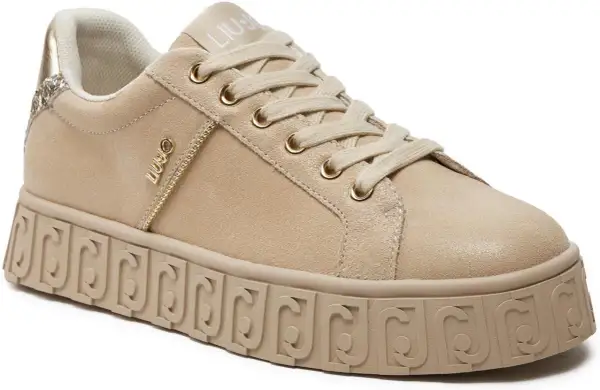 Beżowe sneakersy Liu Jo z zamszu i złotymi detalami. To włoska marka znana z modnych ubrań i dodatków.