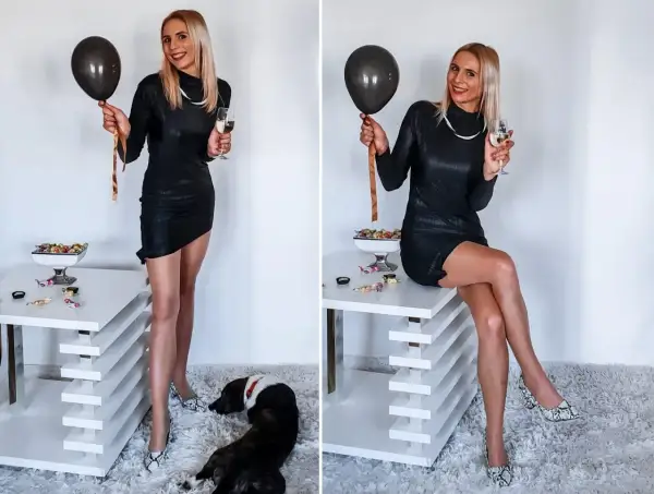 Elegancka czarna sukienka, błyszczące szpilki i balon – idealny zestaw, jak się ubrać na urodziny w domu.