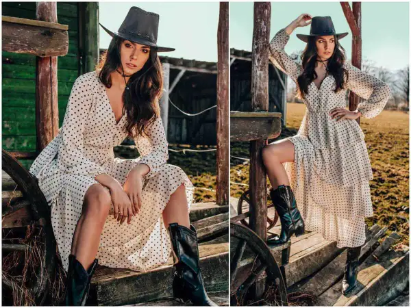 Kobieta w kapeluszu kowbojskim i sukience w grochy, w stylizacji western.