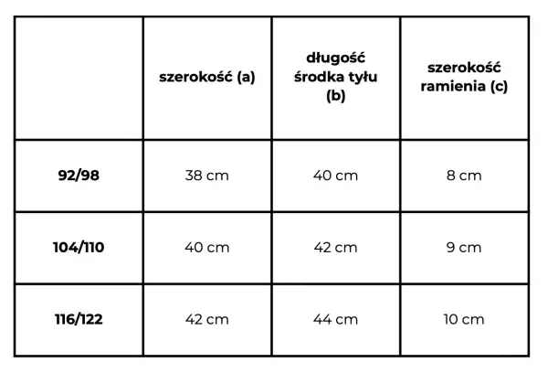 Tabela rozmiarów odzieży. Rozmiar 92/98 ma szerokość 38 cm, długość 40 cm, a szerokość ramienia 8 cm.