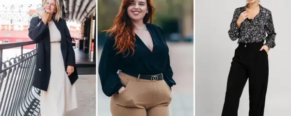 Trzy stylizacje plus size: beżowa sukienka z marynarką, czarna bluzka z brązowymi spodniami, czarna bluzka z czarnymi spodniami.