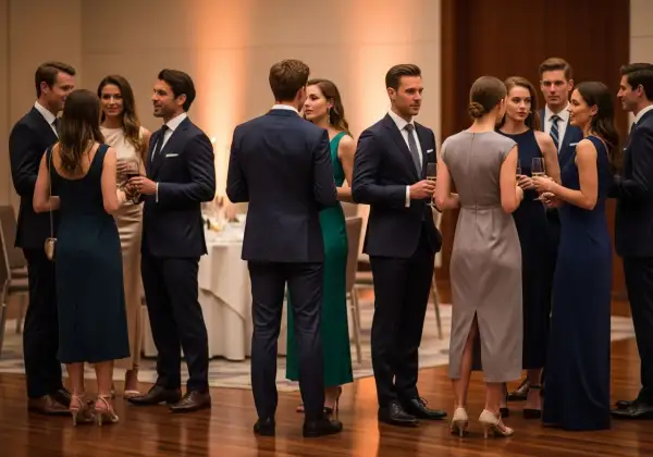 Eleganckie stroje na bankiet: mężczyźni w garniturach, kobiety w sukniach. Idealny przykład, jak się ubrać na bankiet.