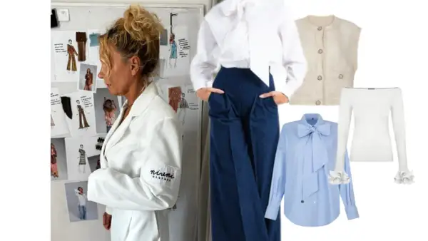 Eleganckie ubrania na rozpoczęcie roku szkolnego: biała koszula z kokardą, błękitna koszula z kokardą, kamizelka, biała bluzka z falbankami.