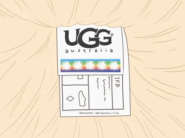 Etykieta z logo UGG Australia i tęczowym paskiem z kwiatkami. Firma UGG słynie z ciepłych, wygodnych butów.