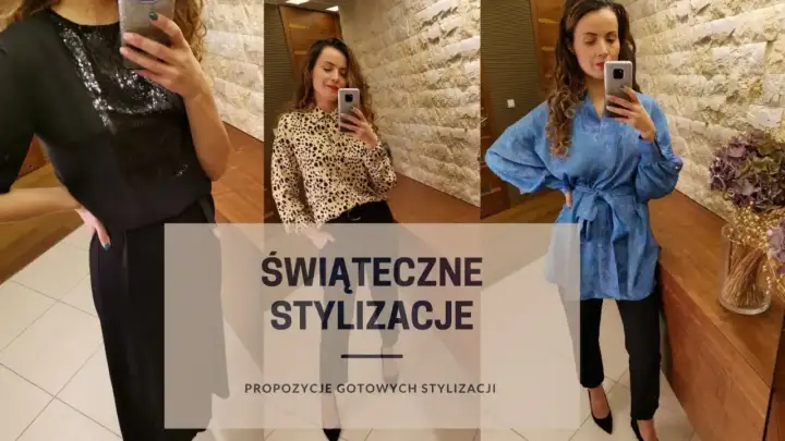 Kobieta prezentuje trzy propozycje stylizacji świątecznej: czarną sukienkę z cekinami, bluzkę w panterkę i błękitną tunikę.